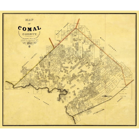 Historic County Map - Comal County Texas - Rosenberg 1862 - Vintage Wall Art