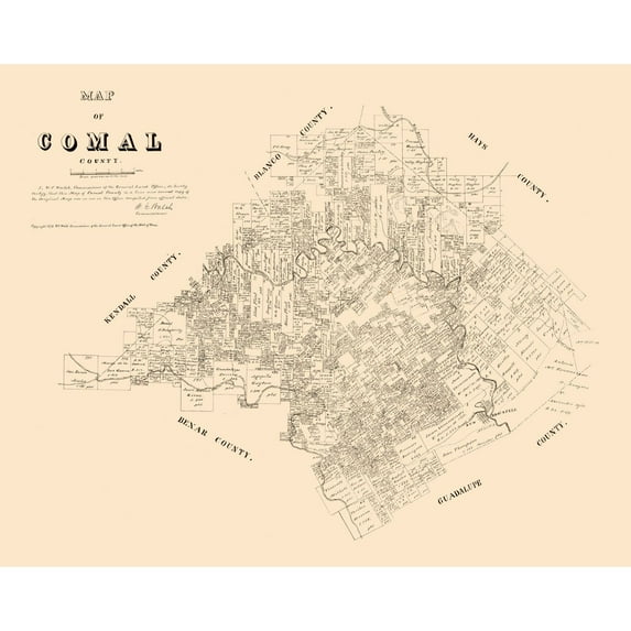 Historic County Map - Comal County Texas - Walsh 1879 - Vintage Wall Art