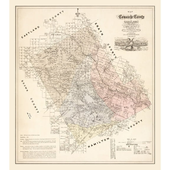 Historic County Map - Comanche County Texas - Roessler 1876 - 23 x 25.83 - Vintage Wall Art