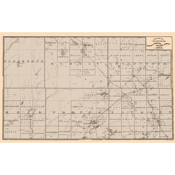 Historic County Map - Cottonwood Murray Jackson Nobles Rock Minnesota - Andreas 1874