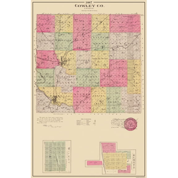 Historic County Map - Cowley County Kansas - Everts 1887 - 23 x 35.31 - Vintage Wall Art
