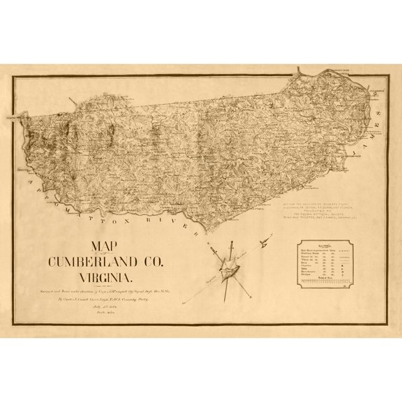 Historic County Map - Cumberland County Virginia - Campbell 1864 - Vintage Wall Art