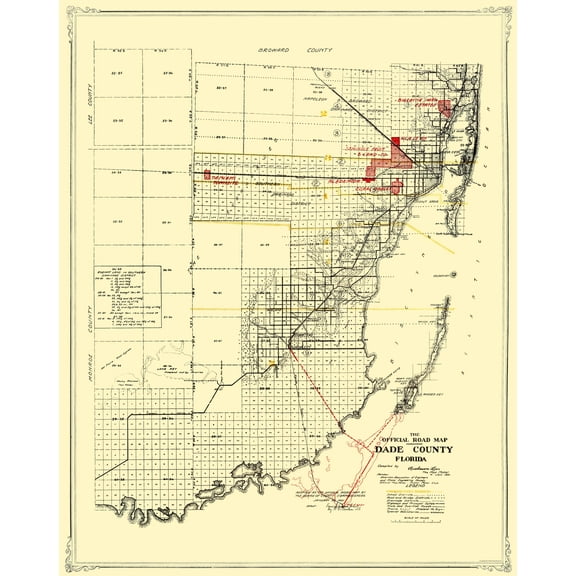 Historic County Map- Dade County Florida Road - Miami Motor Club 1921 - Vintage Wall Art