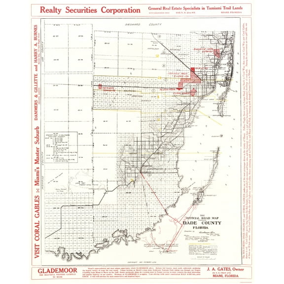 Historic County Map - Dade County Florida Road - Richeson 1921 - 23 x 28.89 - Vintage Wall Art
