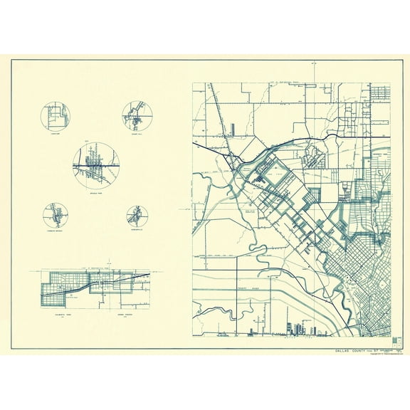 Historic County Map - Dallas County Texas Cities pt 1 - Highway Department 1936 - WallArt