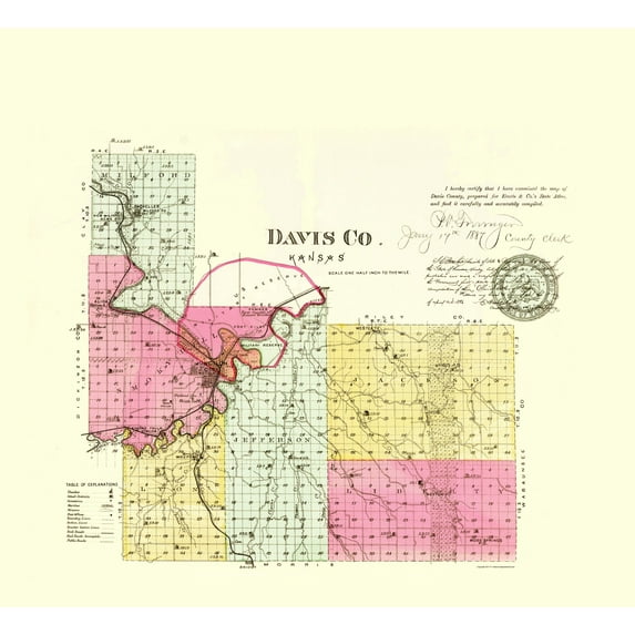 Historic County Map - Davis County Kansas - Everts 1887 - Vintage Wall Art