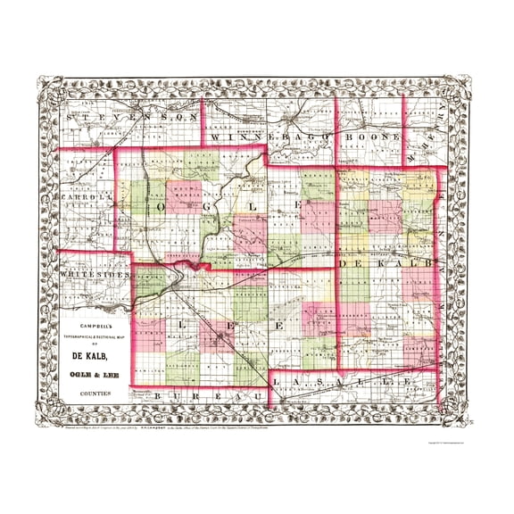 Historic County Map - De Kalb Ogle Lee Counties Illinois - Campbell 1870 - 23 x 27.44 - Vintage Wall Art