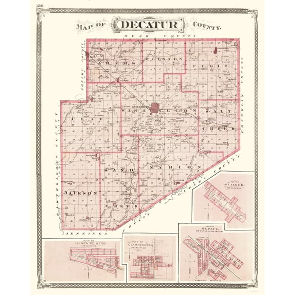 Historic County Map - Decatur County Indiana - Baskin 1876 - Vintage Wall Art