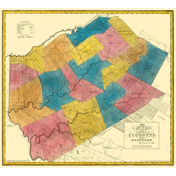 Historic County Map - Delaware County New York - Burr 1829 - 25.38 x 23 - Vintage Wall Art
