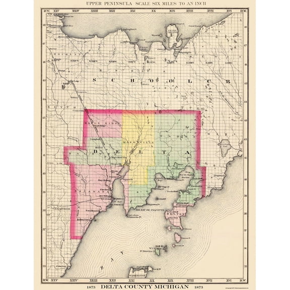 Historic County Map - Delta County Michigan - Walling 1873 - 23 x 30 - Vintage Wall Art
