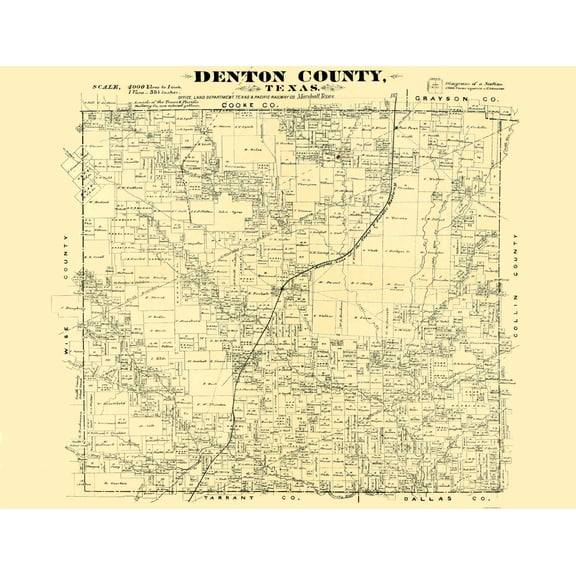 Historic County Map - Denton County Texas - General Land Office 1878 - 23 x 29.85 - Vintage Wall Art