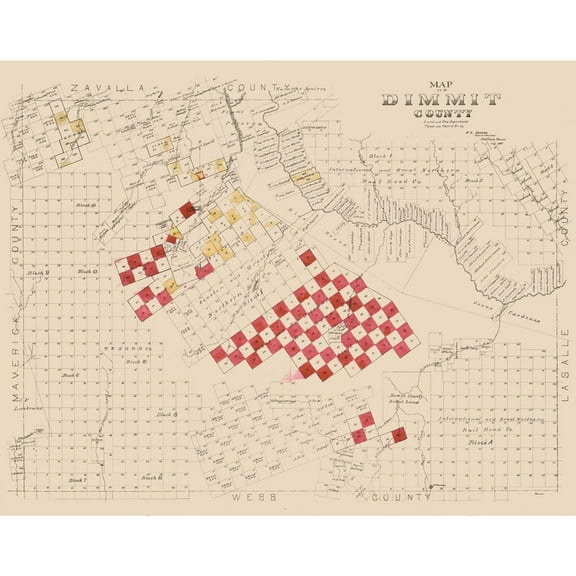 Historic County Map - Dimmit County Texas - General Land Office 1897 - Vintage Wall Art