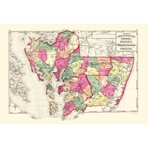 Historic County Map - Dorchester Wicomico Somerset Worcester Counties Maryland - Stedman 1873 - 23 x 33 - Vintage Wall Art