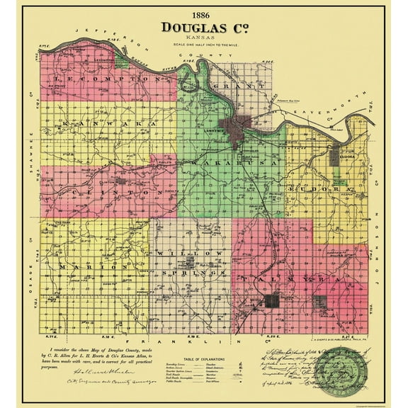 Historic County Map - Douglas County Kansas - Allen 1886 - 23 x 25 - Vintage Wall Art