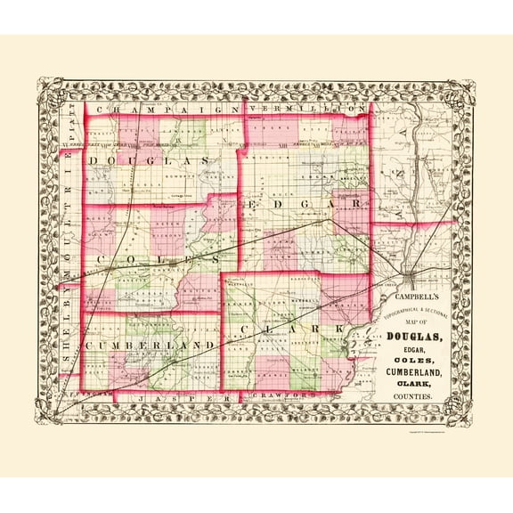 Historic County Map - Douglas Edgar Coles Cumberland Clark Counties Illinois - Campbell 1870 - 23x26 - Vintage Wall Art