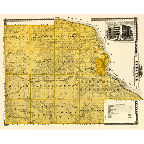 Historic County Map - Dubuque County Iowa - Andreas 1874 - Vintage Wall Art