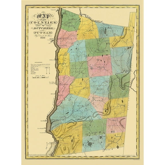 Historic County Map - Dutchess Putnam Counties New York - Burr 1829 - Vintage Wall Art