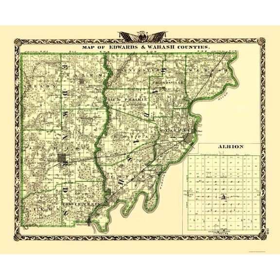 Historic County Map - Edwards Wabash Counties Illinois - Warner 1870 - 23 x 28.11 - Vintage Wall Art