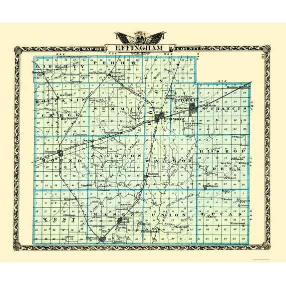 Historic County Map - Effingham County Illinois - Warner 1870 - 23 x 27.42 - Vintage Wall Art