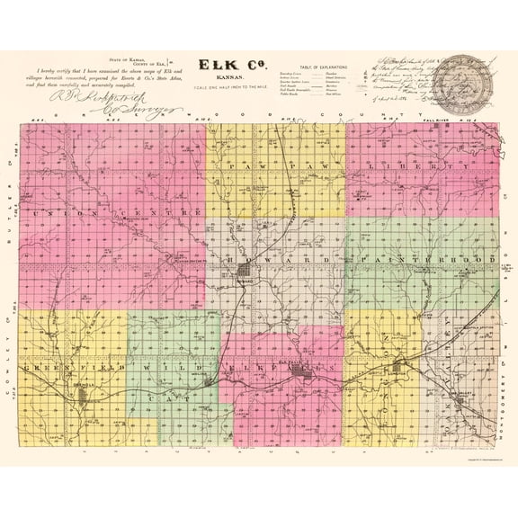 Historic County Map - Elk County Kansas - Everts 1887 - Vintage Wall Art
