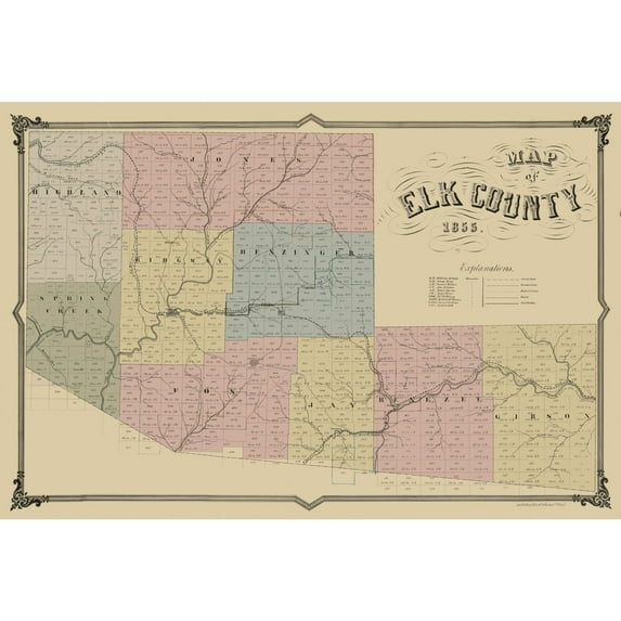 Historic County Map - Elk County Pennsylvania - Philed 1855 - Vintage Wall Art