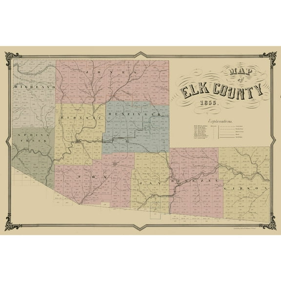 Historic County Map - Elk County Pennsylvania - Philed 1855 - 34.21 x 23 - Vintage Wall Art