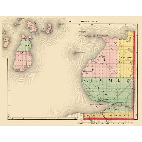 Historic County Map - Emmet County Michigan - Walling 1873 - 29.81 x 23 - Vintage Wall Art