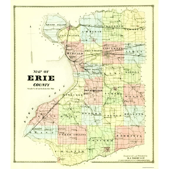 Historic County Map - Erie County New York - Burr 1880 - 23 x 26.25 - Vintage Wall Art