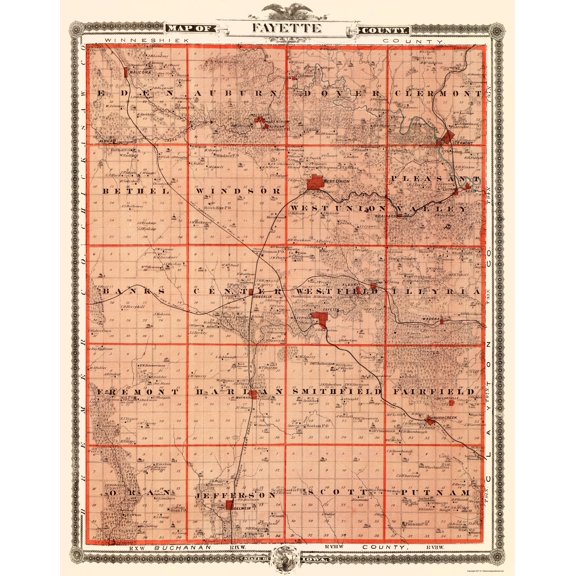Historic County Map - Fayette County Iowa - Andreas 1874 - Vintage Wall Art