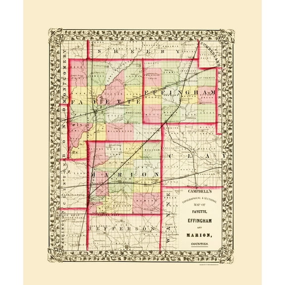 Historic County Map - Fayette Effingham Marion Counties Illinois - Campbell 1870 - 23 x 27.48 - Vintage Wall Art