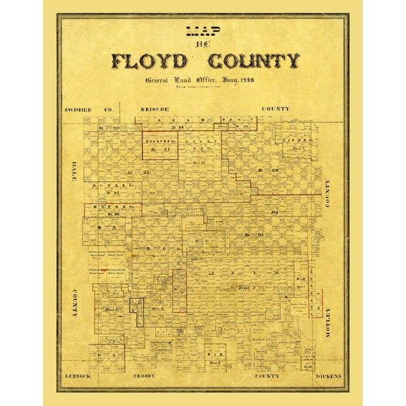 Historic County Map - Floyd County Texas - General Land Office 1888 - 23 x 29.21 - Vintage Wall Art