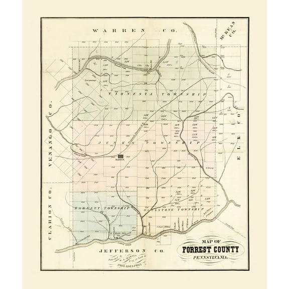 Historic County Map - Forest County Pennsylvania - Barnes 1858 - 23 x 27.17 - Vintage Wall Art