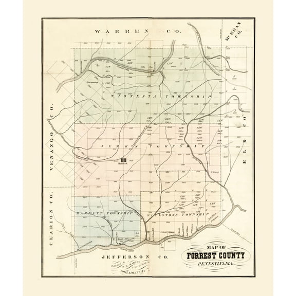 Historic County Map - Forest County Pennsylvania - Barnes 1858 - Vintage Wall Art
