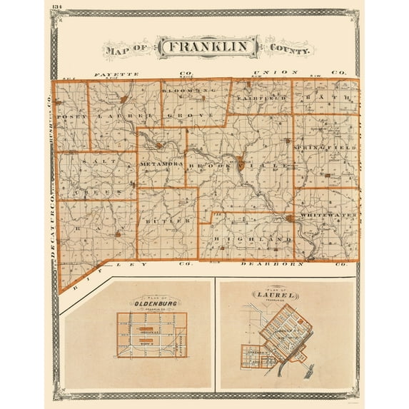 Historic County Map - Franklin County Indiana - Baskin 1876 - Vintage Wall Art