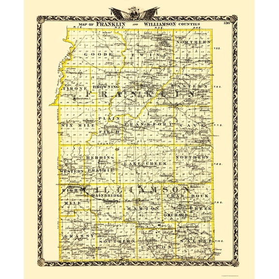 Historic County Map - Franklin Williamson Counties Illinois  - Warner 1870 - 23 x 27.77 - Vintage Wall Art