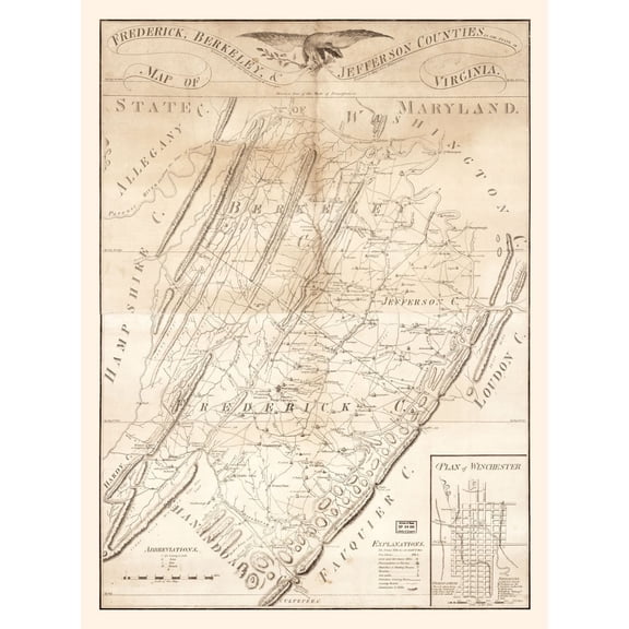 Historic County Map - Frederick Berkeley Jefferson Counties Virginia - Tarte 1809 - 23 x 30.96 - Vintage Wall Art