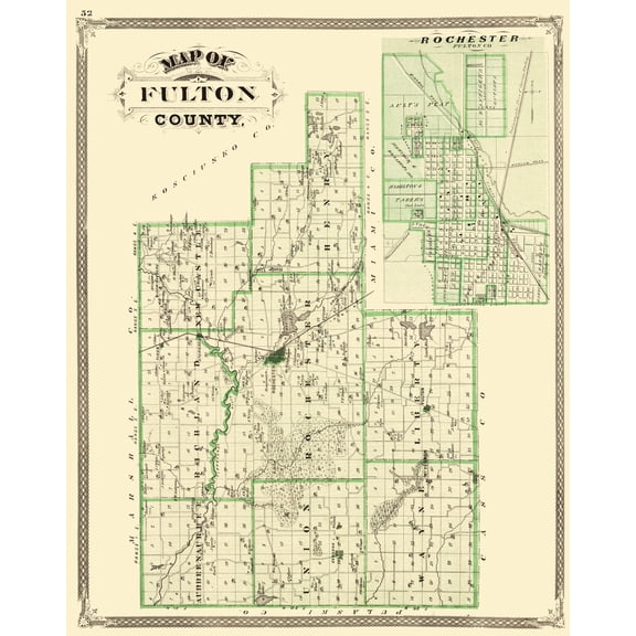 Historic County Map - Fulton County Indiana County - Baskin 1876 - Vintage Wall Art