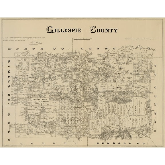 Historic County Map - Gillespie County Texas - Gast 1879 - 29.13 x 23 - Vintage Wall Art