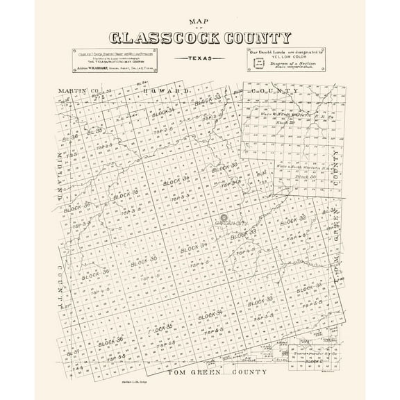 Historic County Map - Glasscock County Texas - General Land Office 1890 - 23 x 27.82 - Vintage Wall Art