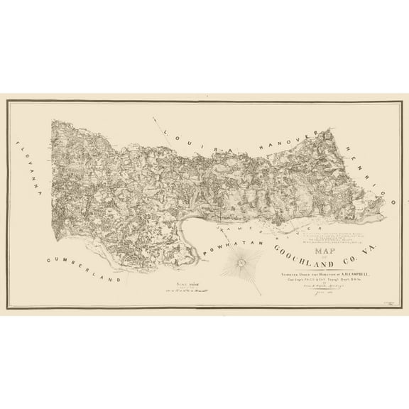 Historic County Map - Goochland County Virginia - Cafsell 1863 - 42.25 x 23 - Vintage Wall Art