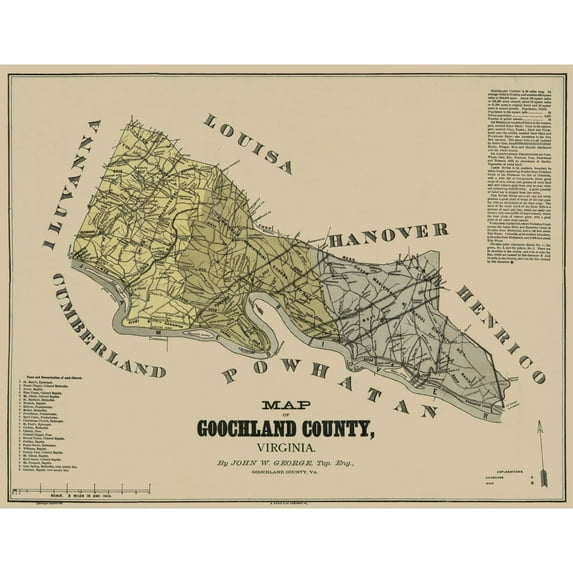 Historic County Map - Goochland County Virginia - George 1881 - 29.68 x 23 - Vintage Wall Art