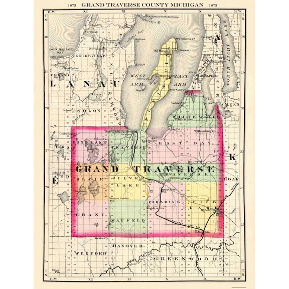 Historic County Map - Grand Traverse County Michigan - Walling 1873 - Vintage Wall Art
