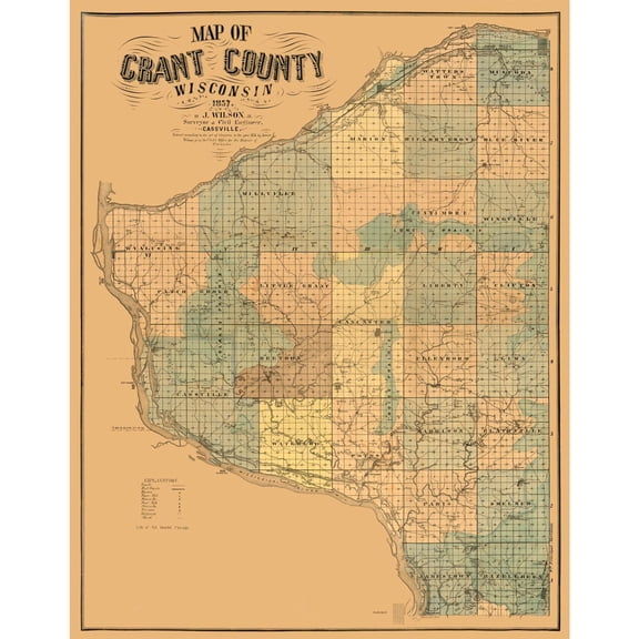 Historic County Map - Grant County Wisconsin - Wilson 1857 - Vintage Wall Art