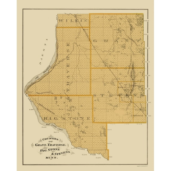 Historic County Map  - Grant Traverse Big Stone Stevens Counties Minnesota - Andreas 1874