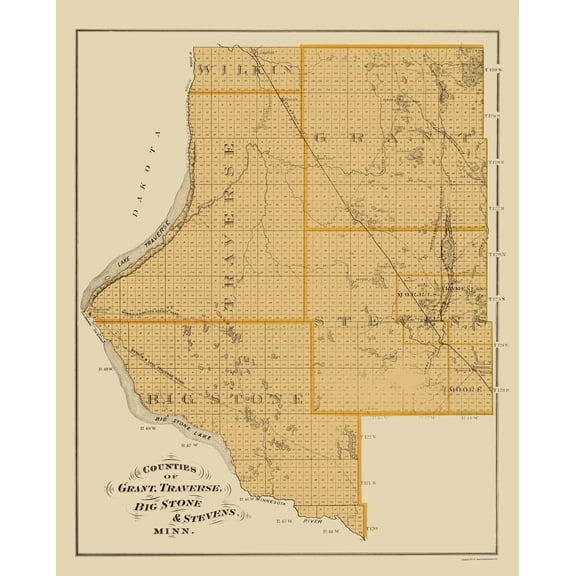 Historic County Map  - Grant Traverse Big Stone Stevens Counties Minnesota - Andreas 1874