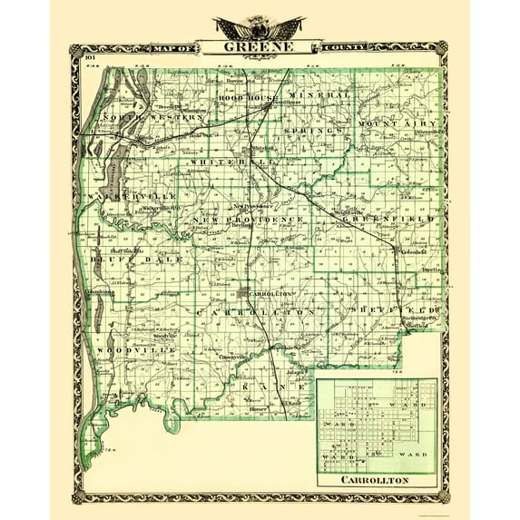 Historic County Map - Greene County Illinois - Warner 1870 - Vintage Wall Art