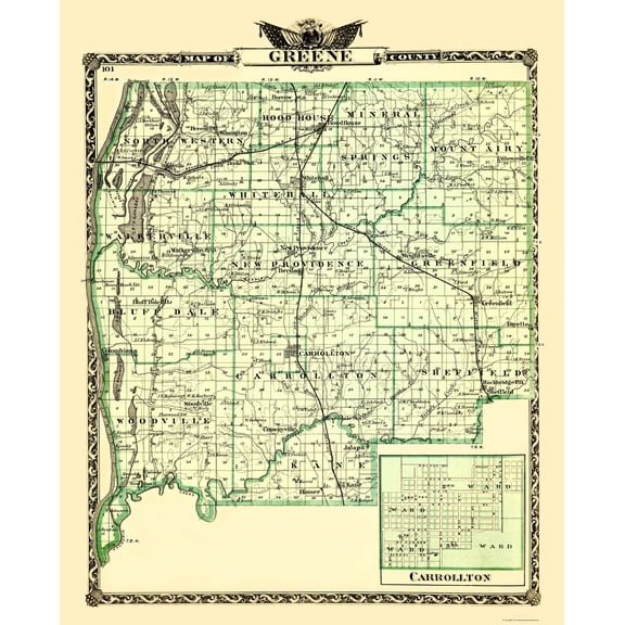 Historic County Map - Greene County Illinois - Warner 1870 - 23 x 28.43 - Vintage Wall Art