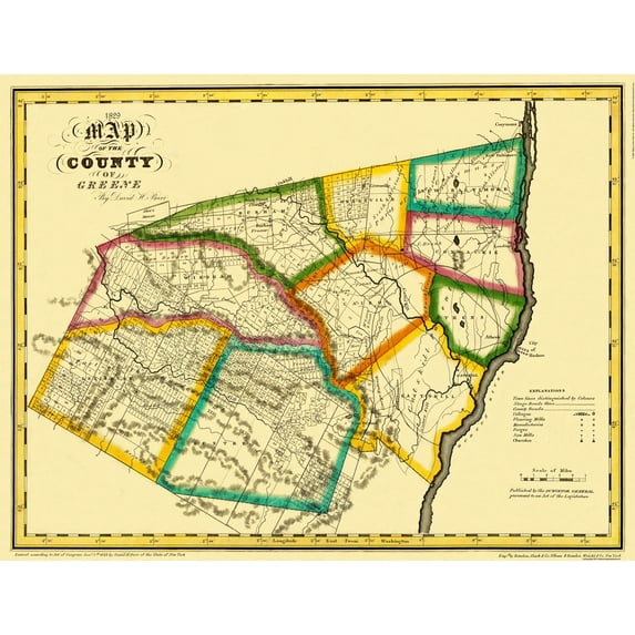 Historic County Map - Greene County New York - Burr 1829 - 30 x 23 - Vintage Wall Art