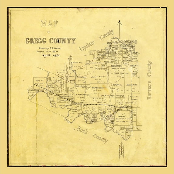 Historic County Map - Gregg County Texas - Cousins 1874 - 23 x 23.02 - Vintage Wall Art