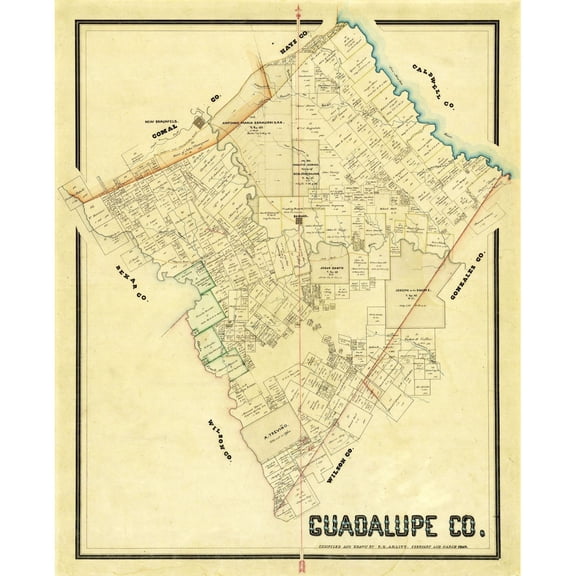 Historic County Map - Guadalupe County Texas - Arlitt 1869 - 23 x 28.42 - Vintage Wall Art